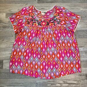 Savanna Jane Multicolor Embroidered Short Sleeve Blouse Pom Trim F39